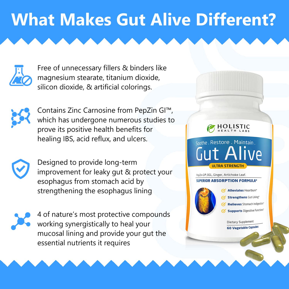 Holistic Health Labs Gut Alive: All-Natural Support for IBS, Heartburn & Digestive Comfort (60 Count, Pack of 3)
