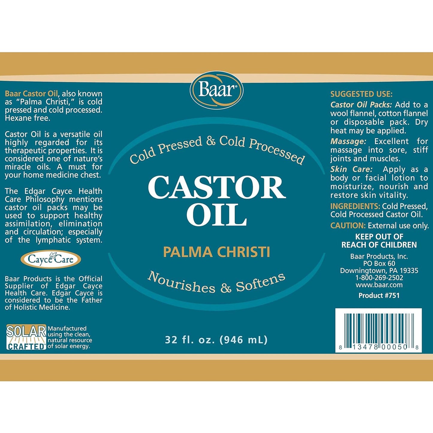 Baar Cold-Pressed Castor Oil 32 oz – Hexane-Free & BPA-Free Bottle