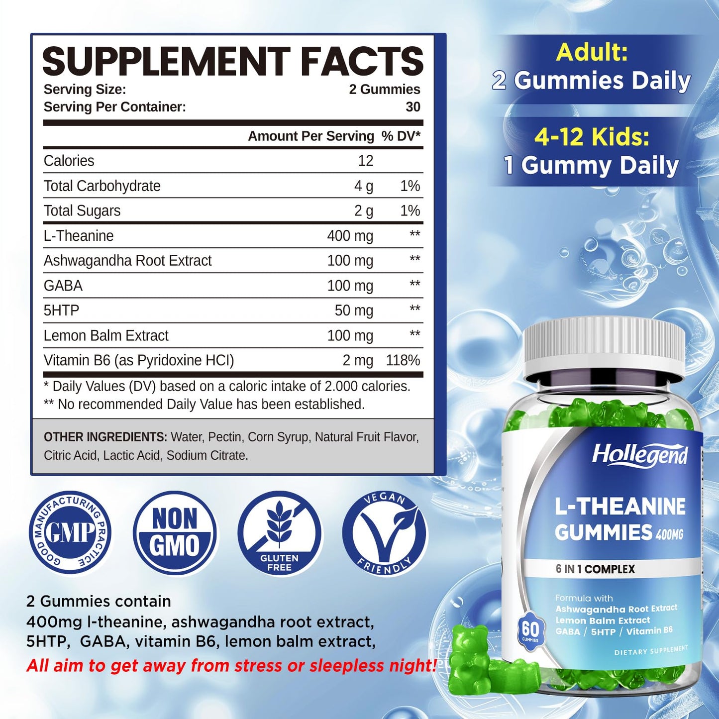 HOLLEGEND L-Theanine Gummies 400mg with Ashwagandha, GABA & 5HTP – Relax, Sleep & Focus (Vegan, Lemon)