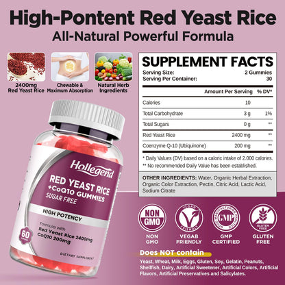 Hollgend Red Yeast Rice with CoQ10 Gummies - Sugar Free, Organic 2400mg Red Yeast Rice + 200mg CoQ10, 60 Chewables