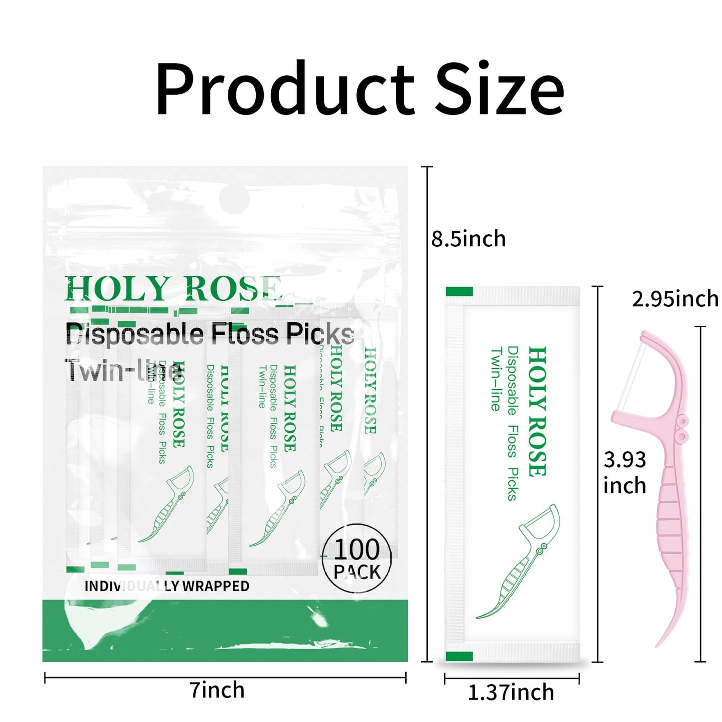 Holy Rose Mint Floss Picks – 100 Count, Individually Wrapped