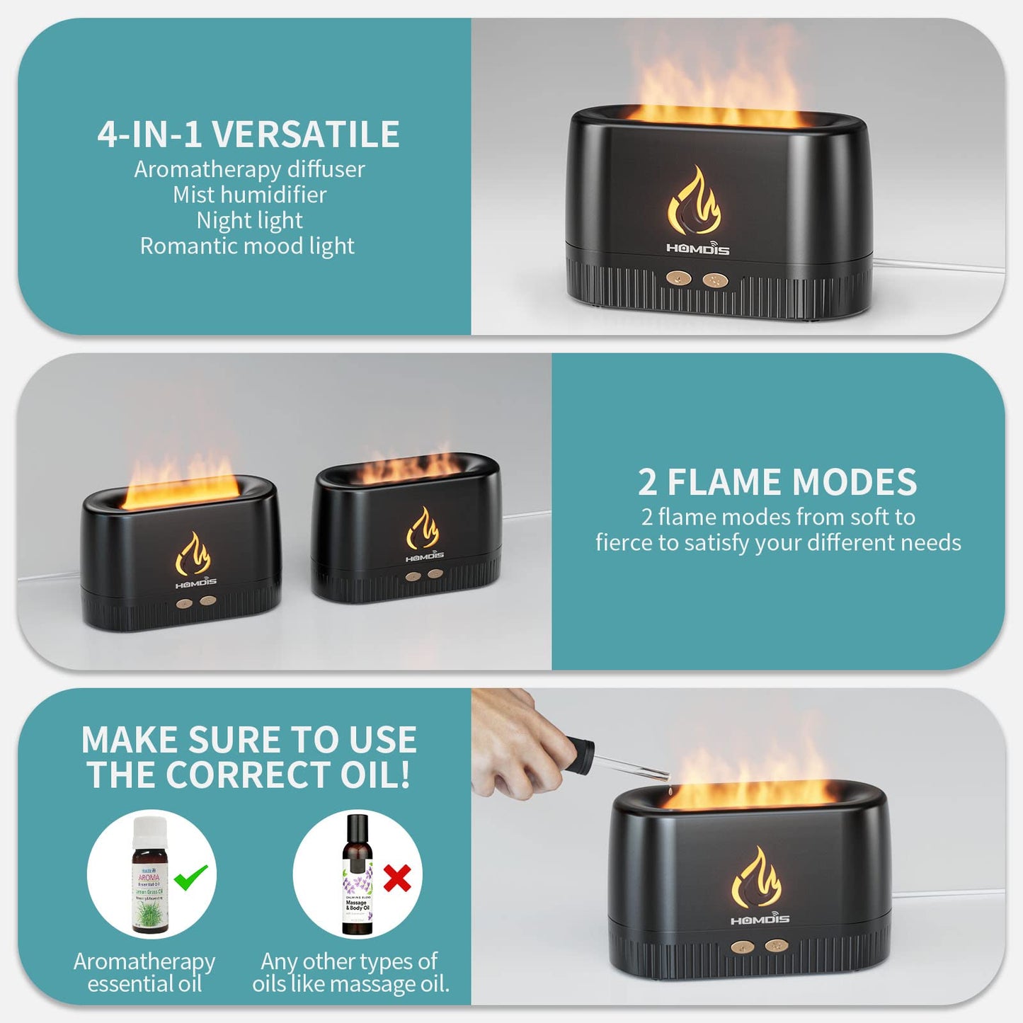 HOMDIS Essential Oil Diffusers & 6 Essential Oils Set | Quiet Flame Diffuser, 7 Color Modes, Auto Shut-Off, Black