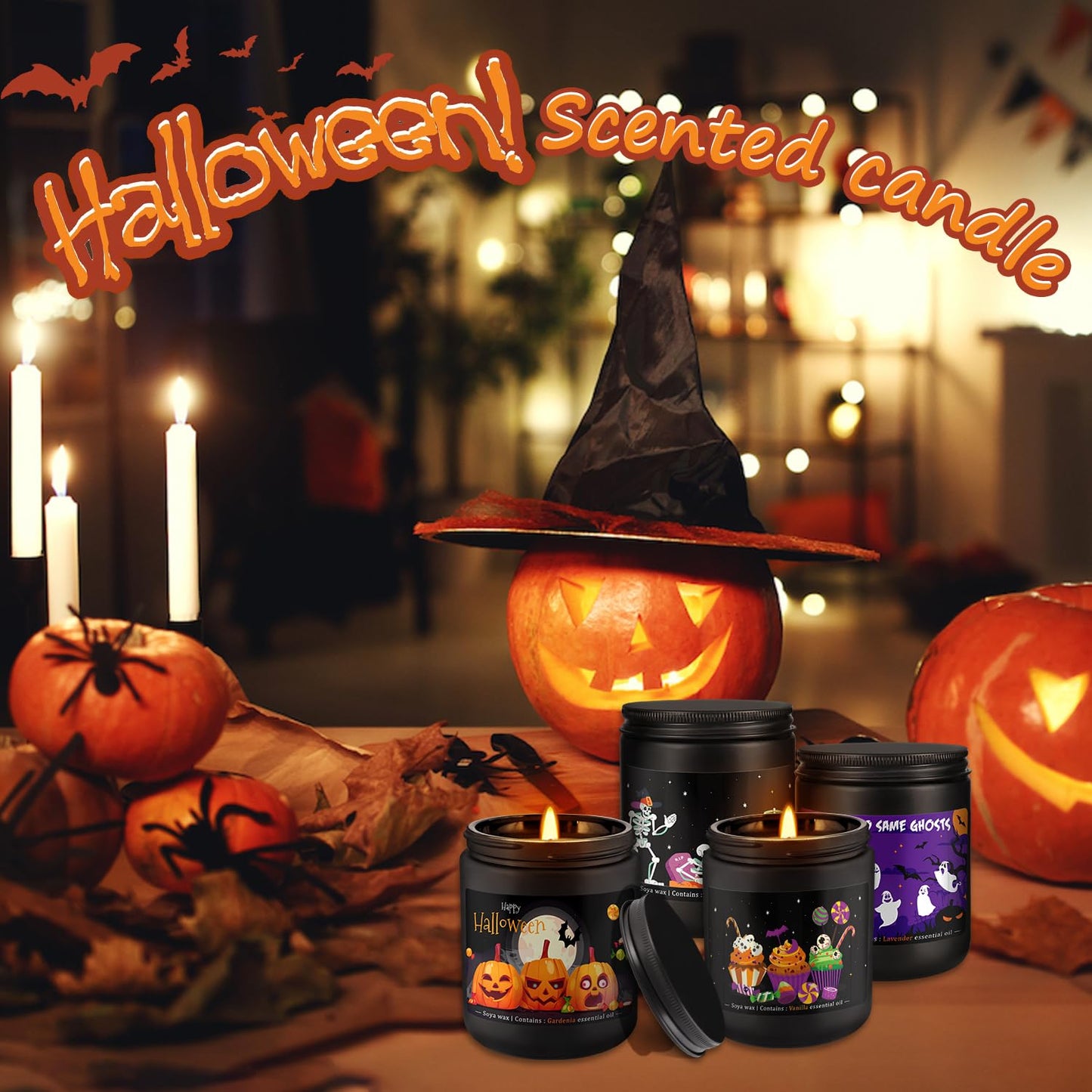 4 Pack 8oz Halloween Scented Candles – Soy Wax Home Decor Gift Set