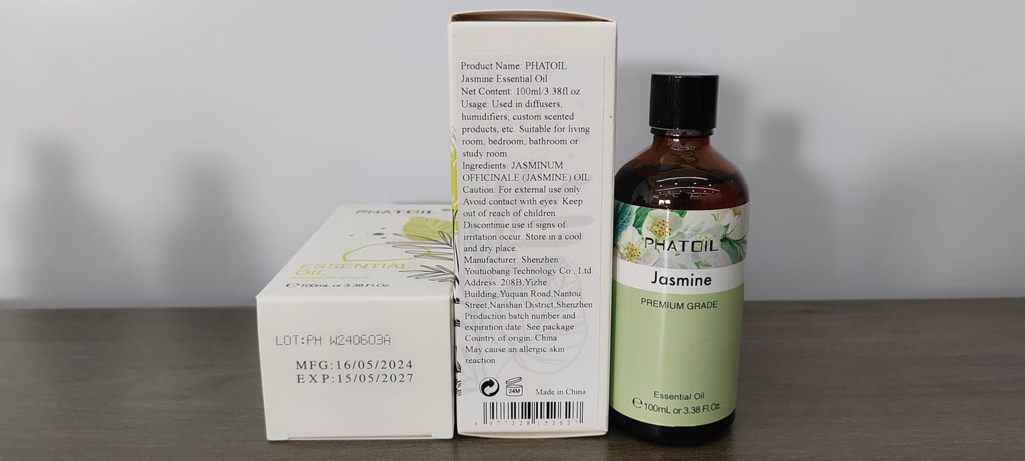PHATOIL Jasmine Essential Oil 3.38 Fl Oz (100ml) with Glass Dropper