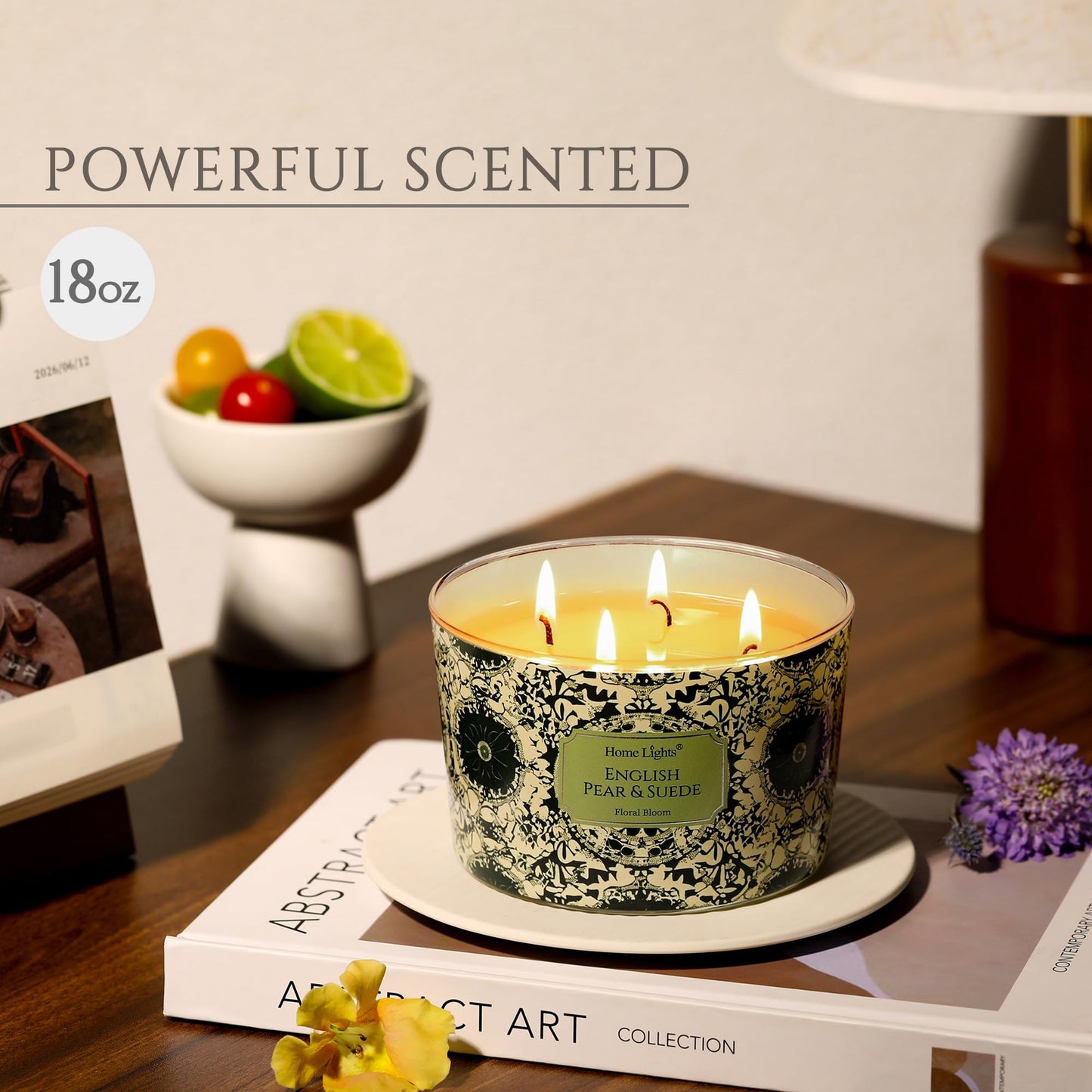 HomeLights 18oz Soy Wax Candle – 4-Wick English Pear & Suede Aromatherapy Gift