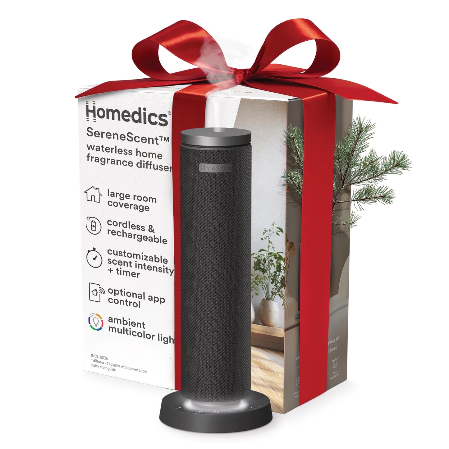 Homedics SereneScent Fabric Waterless Diffuser – Cordless, 14h Battery, 6 Lights (Black)