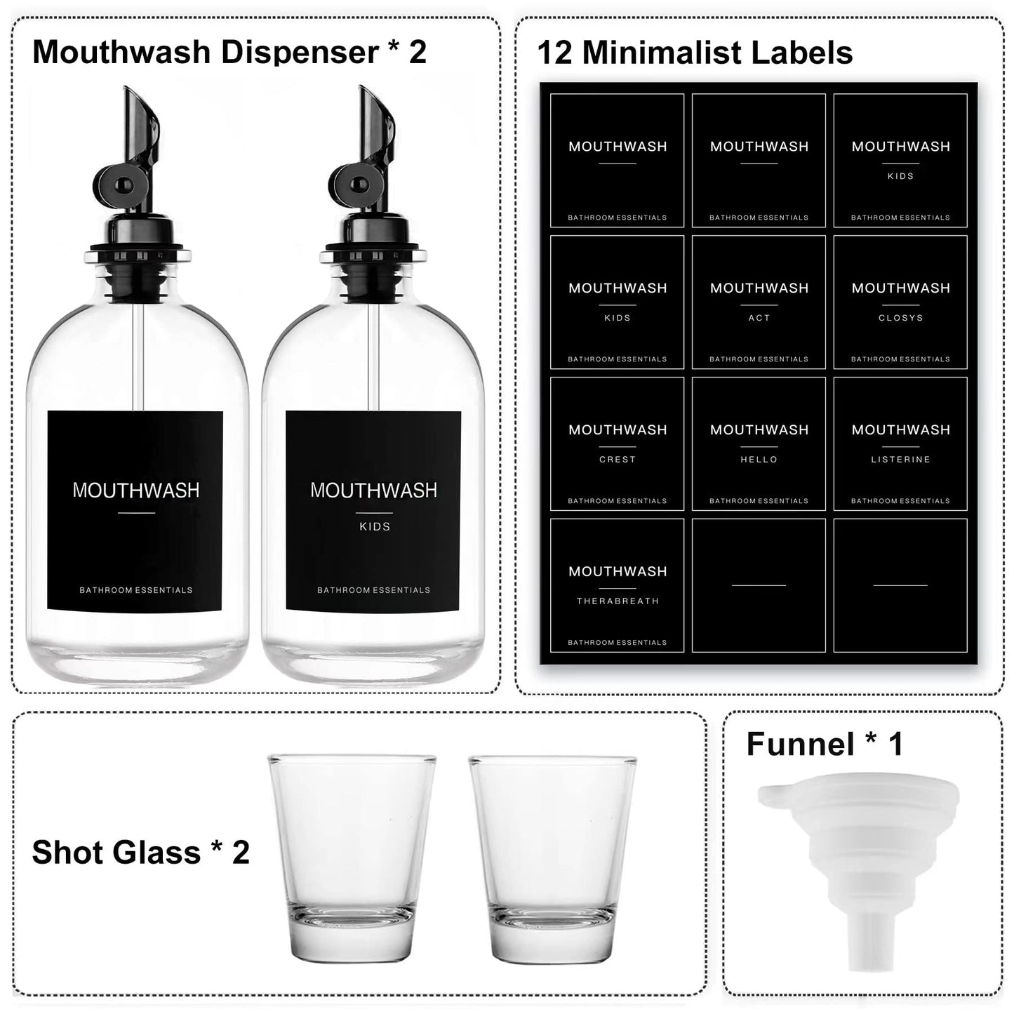 HomeFeel Black Glass Mouthwash Dispenser with Cups – 12.7 oz, 2 Pack | Stainless Steel Spout