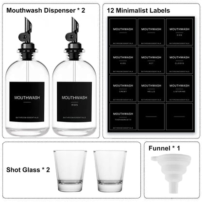 HomeFeel Black Glass Mouthwash Dispenser with Cups – 12.7 oz, 2 Pack | Stainless Steel Spout