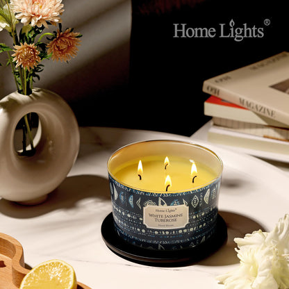 HomeLights 18oz Scented Candle | 4-Wick Aromatherapy Jar – White Jasmine Tuberose, Bohemian Home Decor & Gift