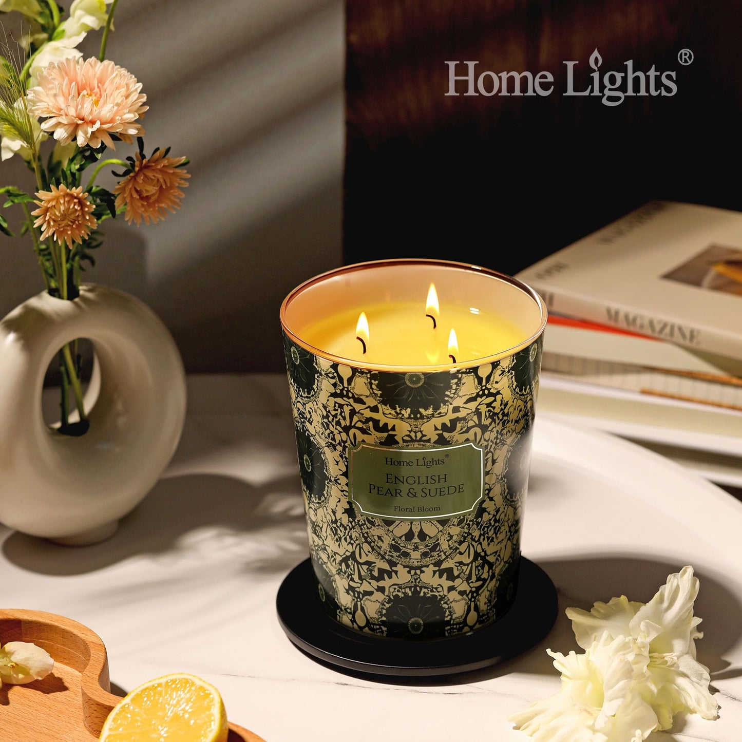 HomeLights 34oz Soy Wax Candles – 3-Wick English Pear & Suede, Aromatherapy Gift