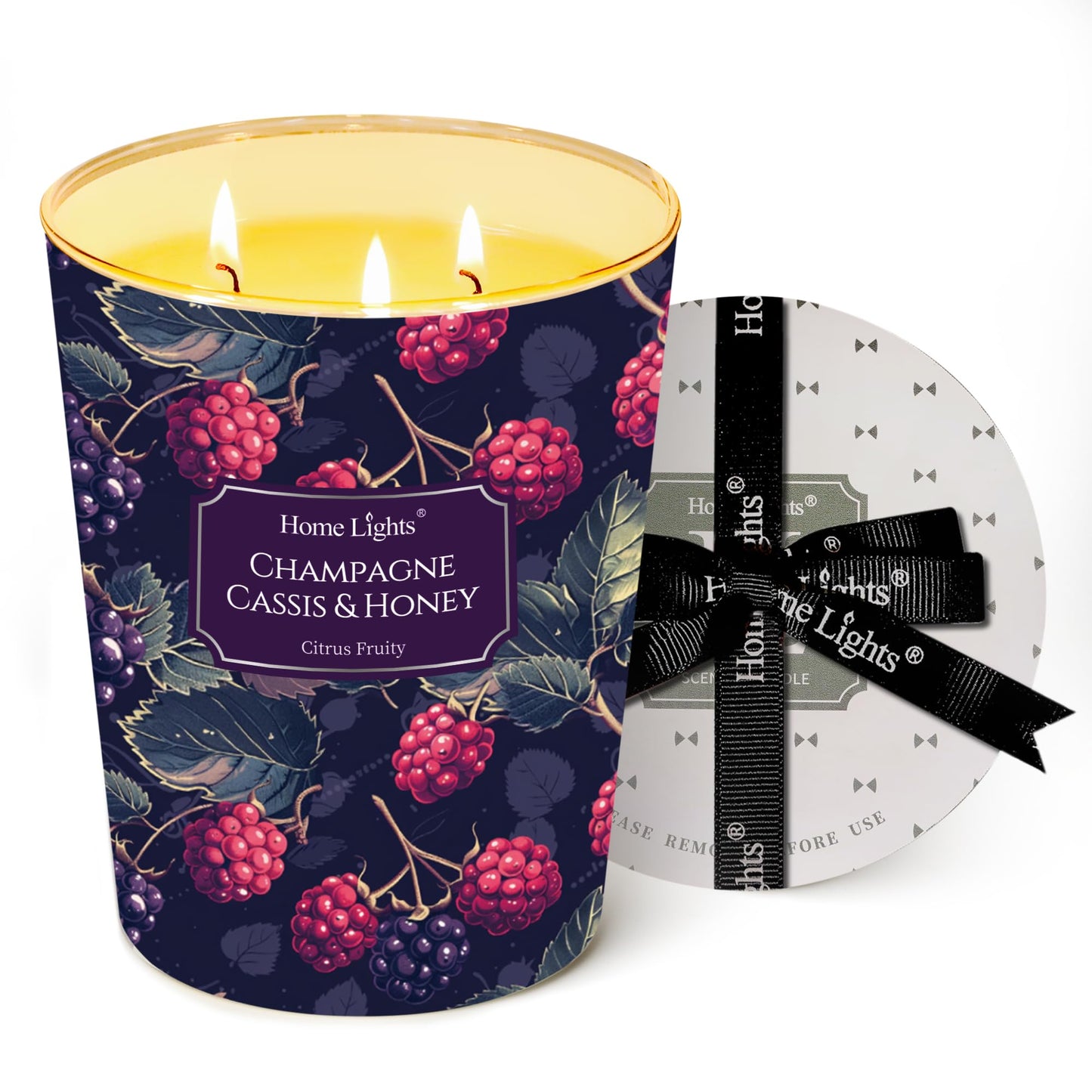 HomeLights 34oz Scented Candle – 3-Wick Champagne Cassis & Honey | Eco Soy Wax