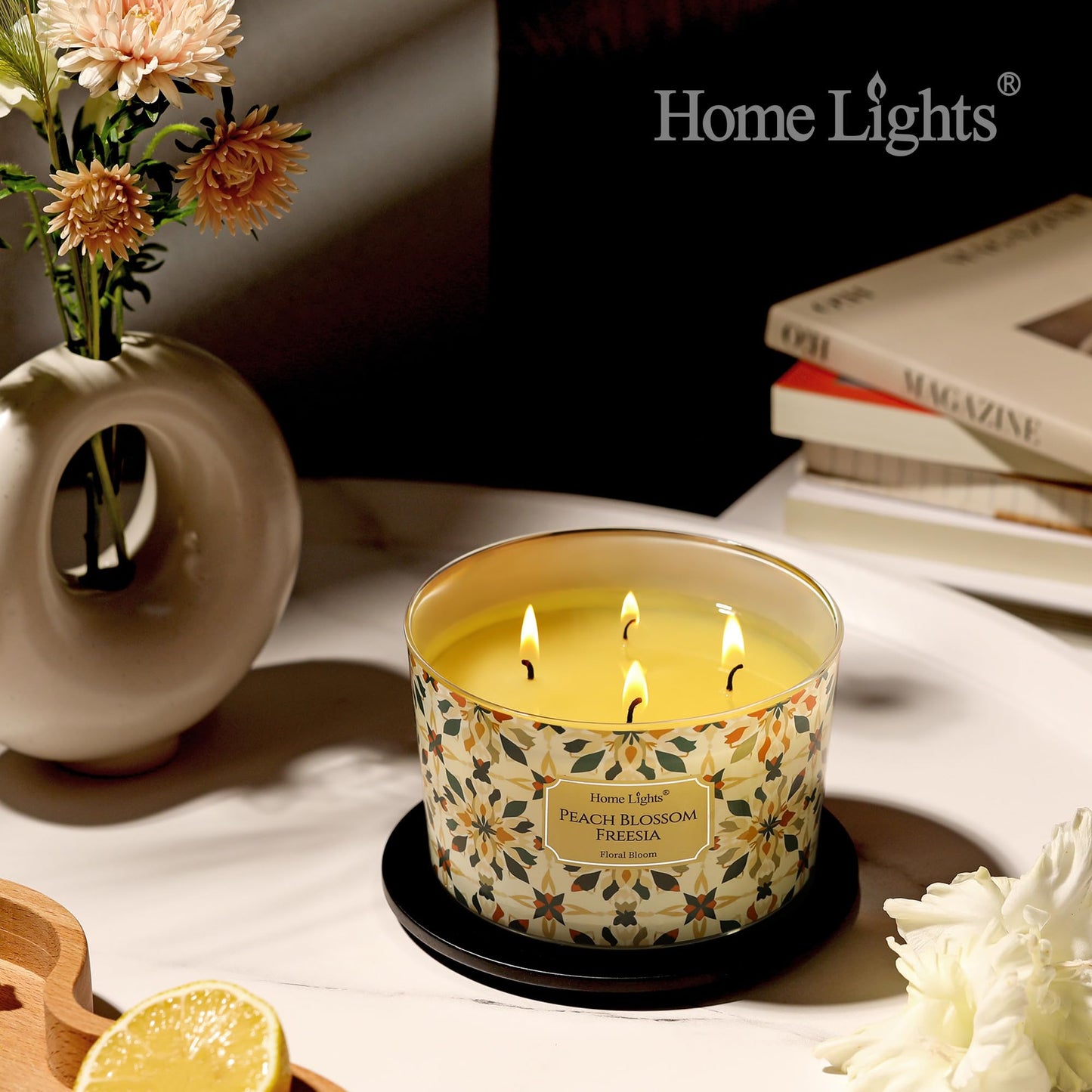 HomeLights 18oz Peach Blossom Freesia Soy Wax Candle | 4-Wick Aromatherapy
