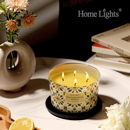 HomeLights 18oz Peach Blossom Freesia Soy Wax Candle | 4-Wick Aromatherapy