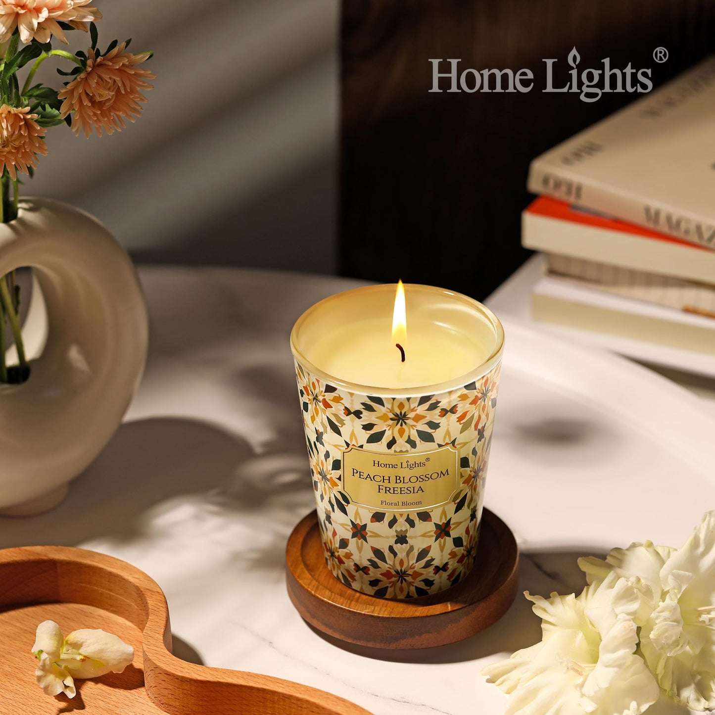 HomeLights Scented Candle 6.7oz – Peach Blossom Freesia, Eco Soy Wax | Gift for Women & Men