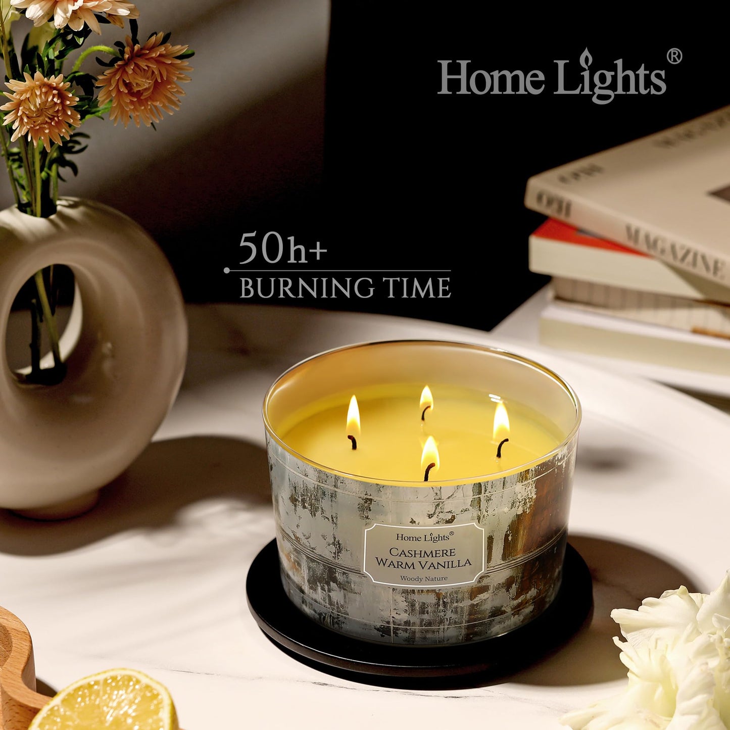 HomeLights Scented Candles – 18oz 4-Wick Aromatherapy Candle, Cashmere Warm Vanilla, Industrial Chic Decor & Gift
