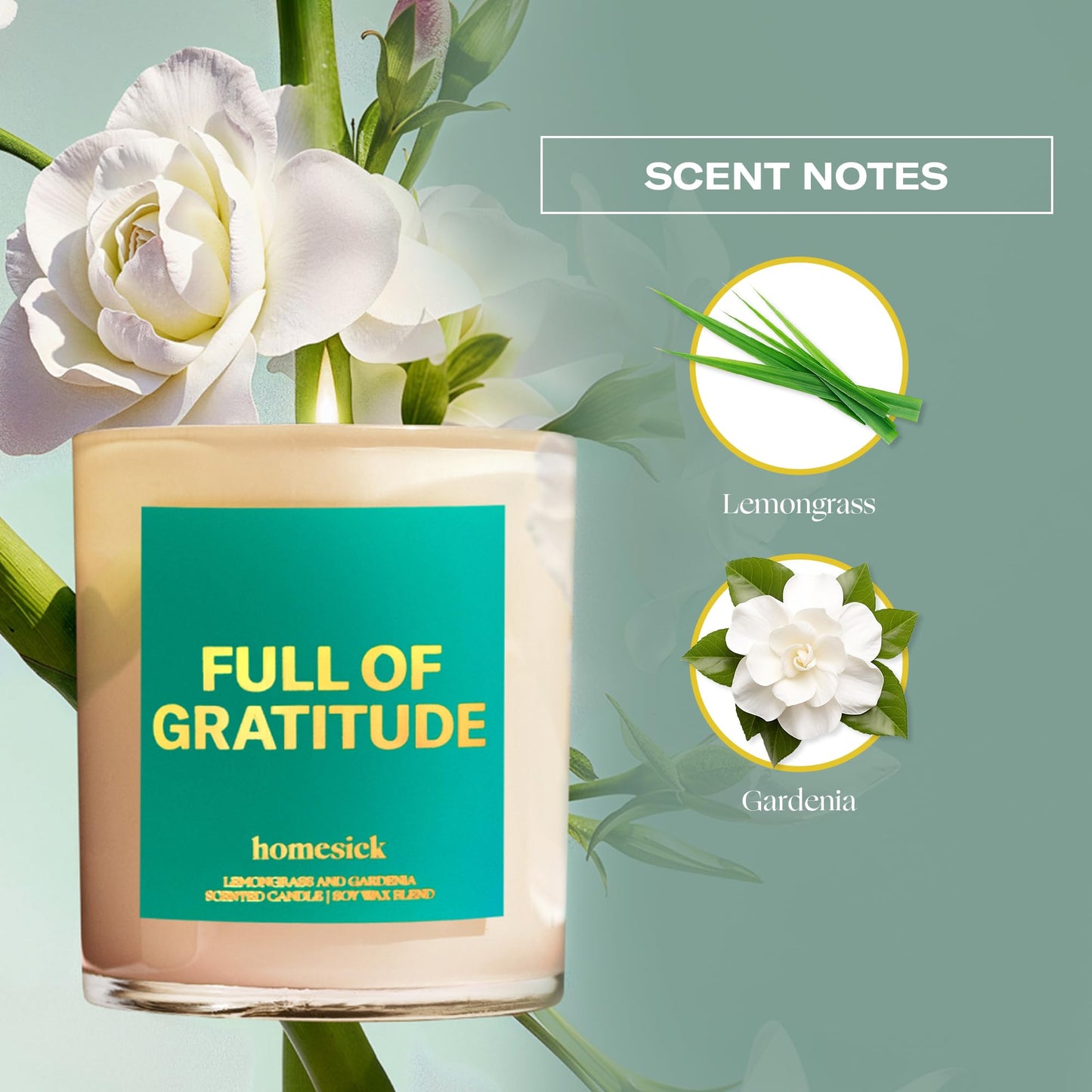 Homesick Full of Gratitude Starter Candle - 7.5 oz Soy Wax Blend, Lemongrass & Gardenia