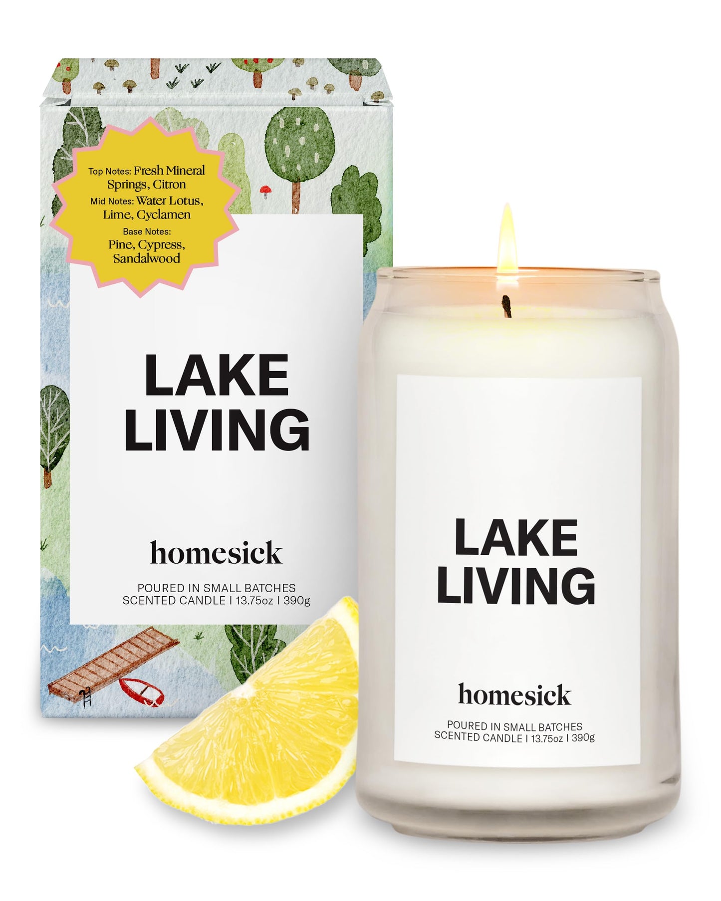 Homesick Lake Living Scented Candle – 13.75 oz Soy Wax, 60-80 Hours Burn Time, Notes of Mineral Springs, Water Lotus & Pine