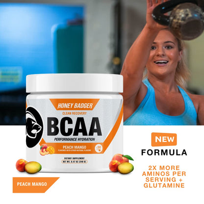 Honey Badger BCAA + EAA Amino Acids Powder – Vegan, Sugar Free, Keto | Peach Mango, 30 Servings