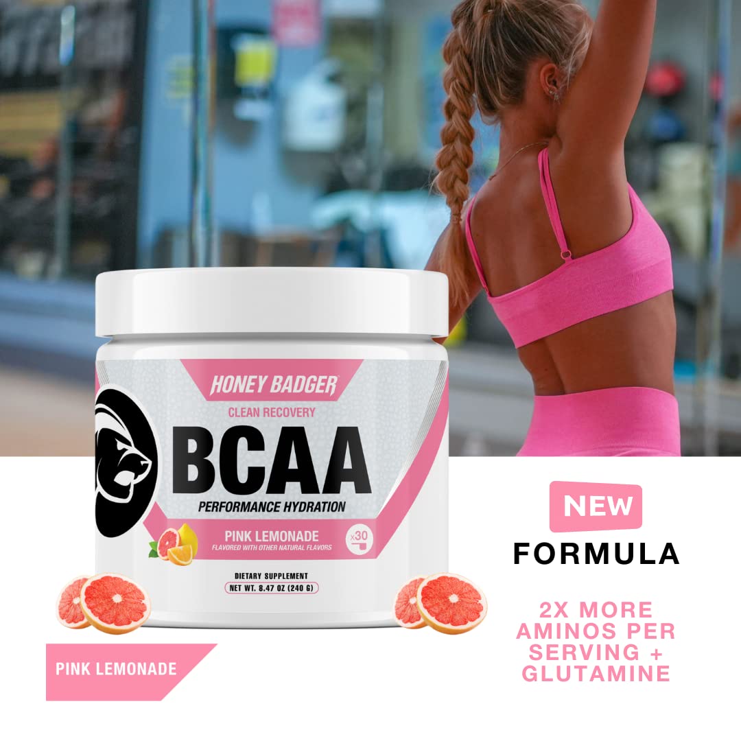 Honey Badger BCAA + EAA Powder – Pink Lemonade, 30 Servings | Vegan & Sugar Free