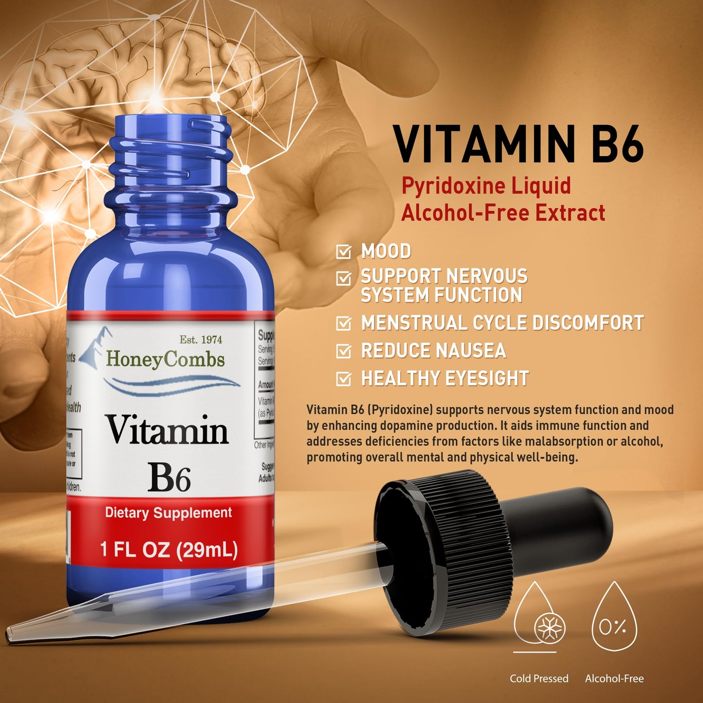 HoneyCombs Vitamin B6 Pyridoxine Liquid Drops – Made in USA, 500% DV per Serving, 36 Servings, Vegan