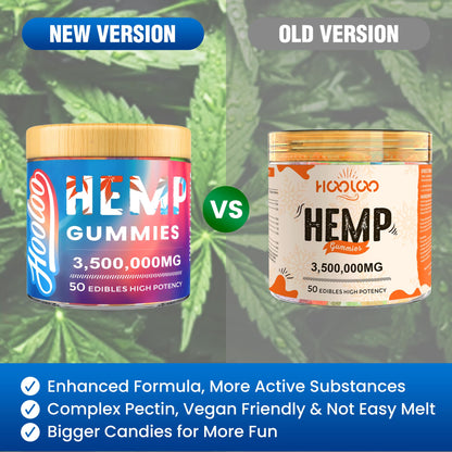 HOOLOO Hemp Gummies Big Cubes Extra Strength for Bedtime Support, Unwind, 2 Packs, 6 Fruity Flavors Chewable Hemp Gummy Vitamins for Adults, Made in USA