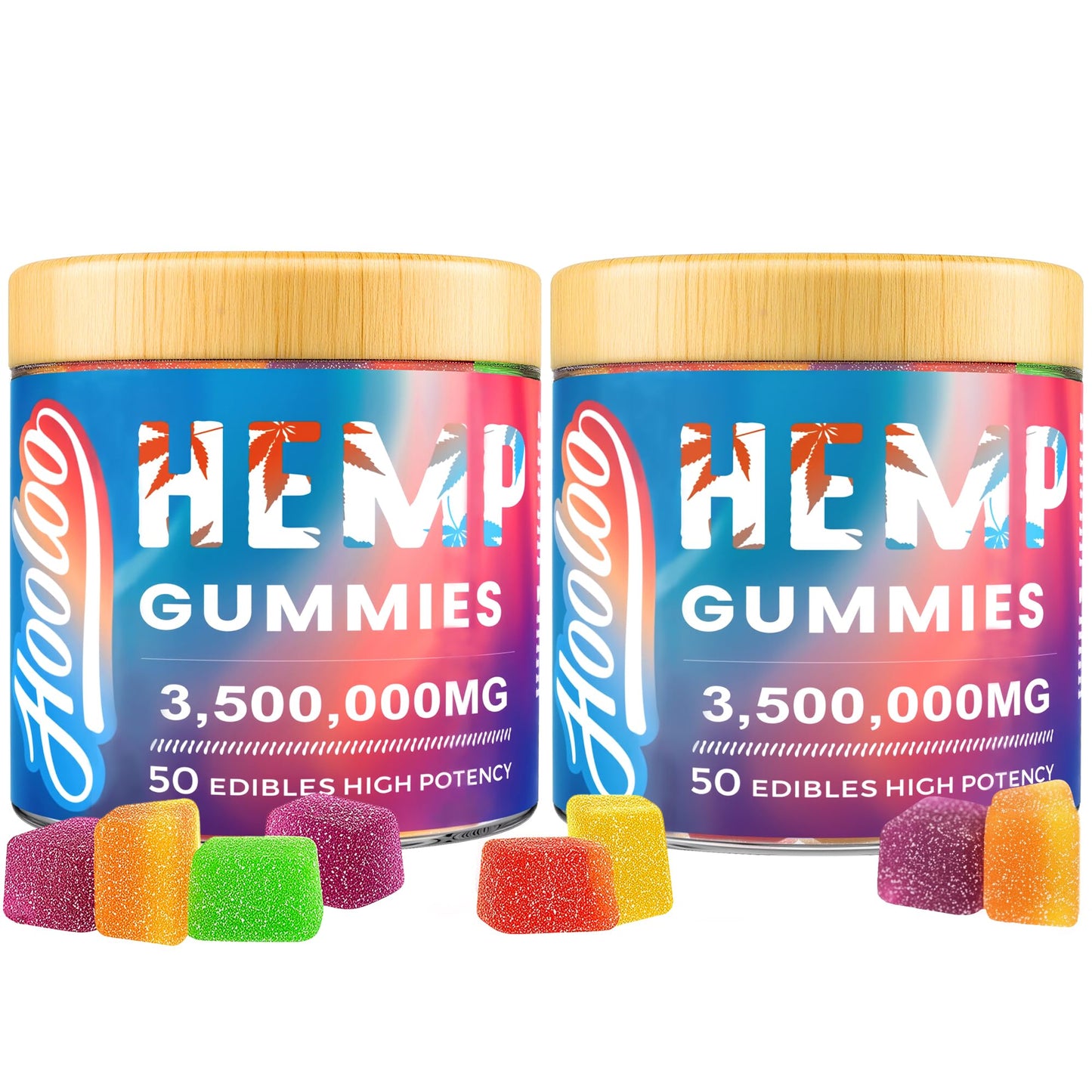 HOOLOO Hemp Gummies Big Cubes Extra Strength for Bedtime Support, Unwind, 2 Packs, 6 Fruity Flavors Chewable Hemp Gummy Vitamins for Adults, Made in USA