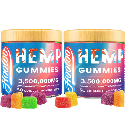 HOOLOO Hemp Gummies Big Cubes Extra Strength for Bedtime Support, Unwind, 2 Packs, 6 Fruity Flavors Chewable Hemp Gummy Vitamins for Adults, Made in USA
