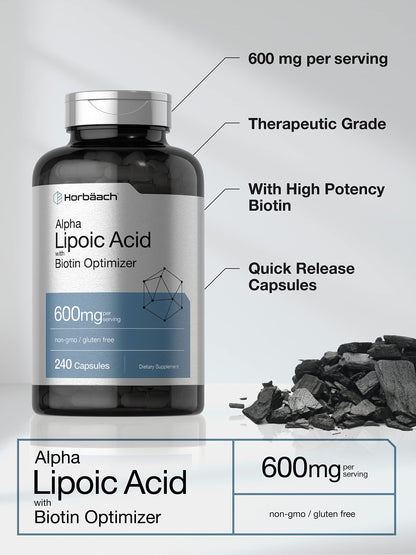 Horbäach Alpha Lipoic Acid 600mg | 240 Capsules | Biotin Optimizer | Non-GMO and Gluten Free Supplement