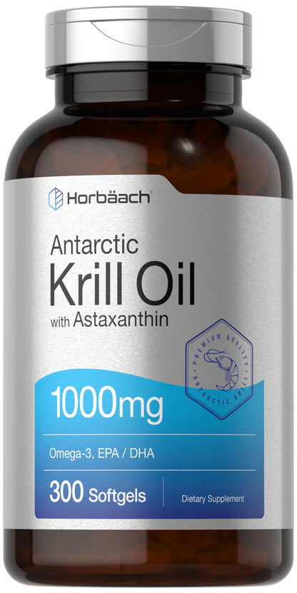 Horbaach Antarctic Krill Oil 1000mg Softgels – 300 Count | Omega-3 EPA/DHA with Astaxanthin | Non-GMO, Gluten Free