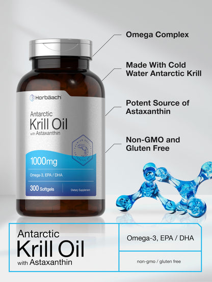 Horbaach Antarctic Krill Oil 1000mg Softgels – 300 Count | Omega-3 EPA/DHA with Astaxanthin | Non-GMO, Gluten Free