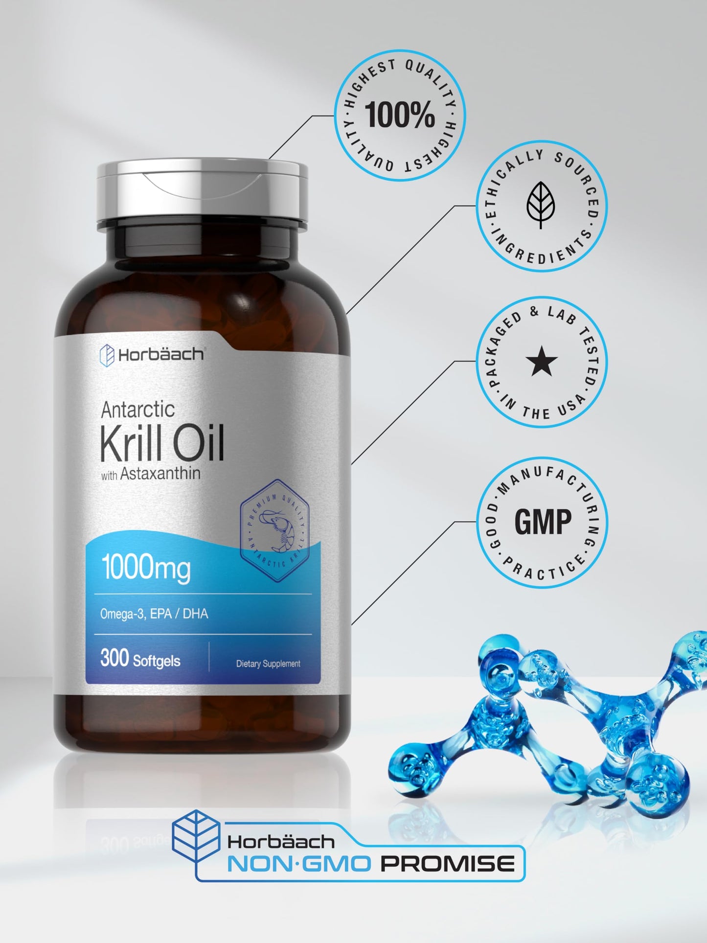 Horbaach Antarctic Krill Oil 1000mg Softgels – 300 Count | Omega-3 EPA/DHA with Astaxanthin | Non-GMO, Gluten Free