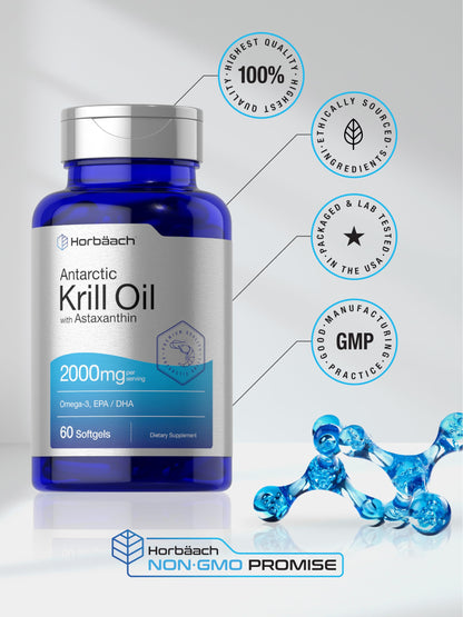 Horbäach Antarctic Krill Oil 2000mg | 60 Softgels | Omega-3 + Astaxanthin | Non-GMO, Gluten Free | Pack of 2