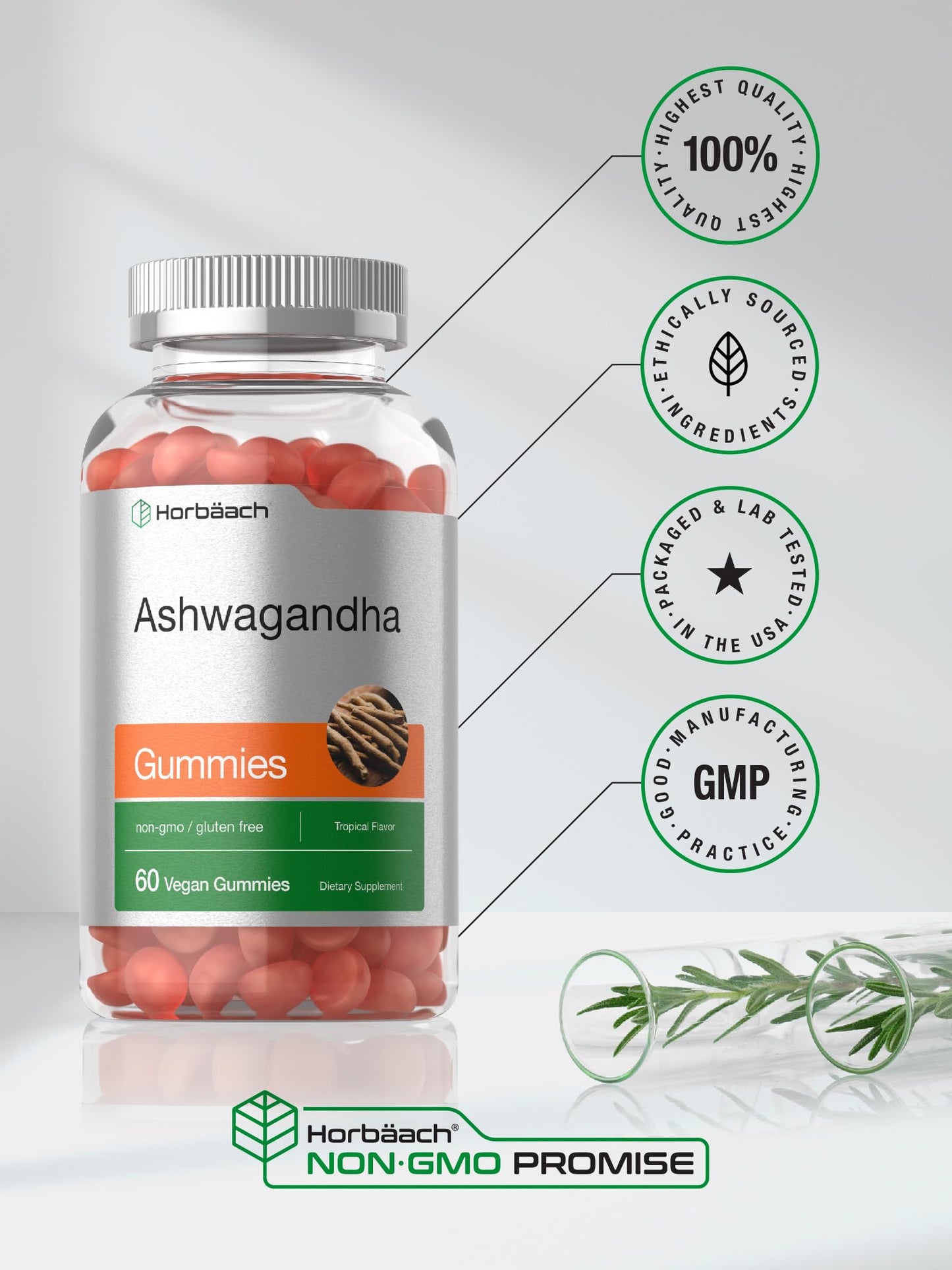 Horbäach Ashwagandha Gummies for Women and Men | 60 Count | Vegan, Non-GMO, Gluten Free | Tropical Flavor (Pack of 2)