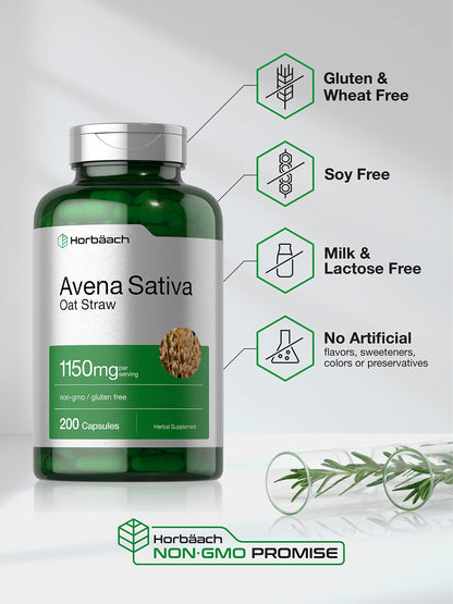 Horbäach Avena Sativa Extract 1150 mg - 200 Capsules | Oat Straw | Non-GMO, Gluten Free