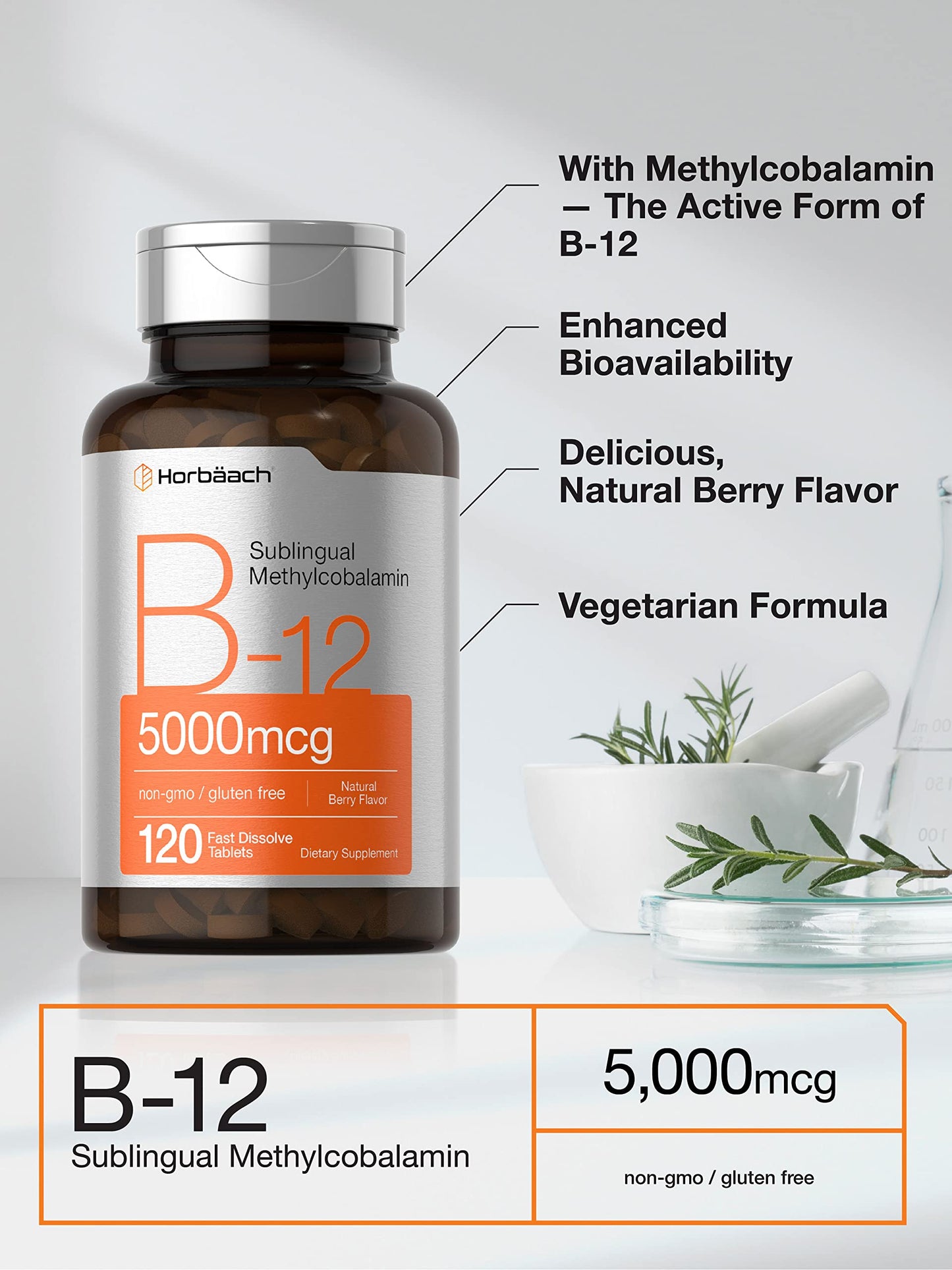 Horbäach B12 5000 mcg – Sublingual Tablets, 120 Count, Vegetarian, Non-GMO, Gluten Free (Pack of 2)