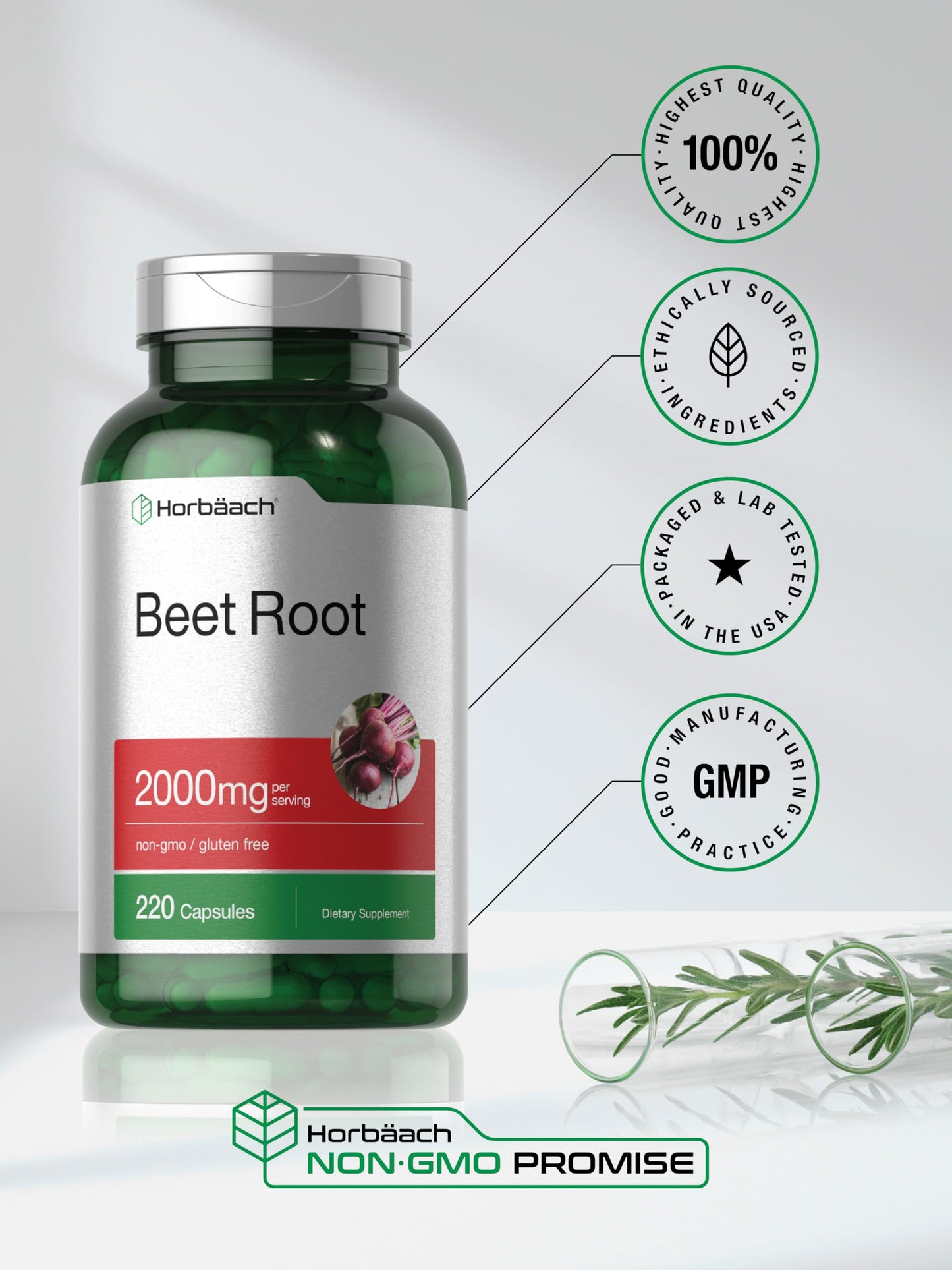 Horbäach Beet Root Powder Capsules – 220 Pills, Gluten Free, Non-GMO