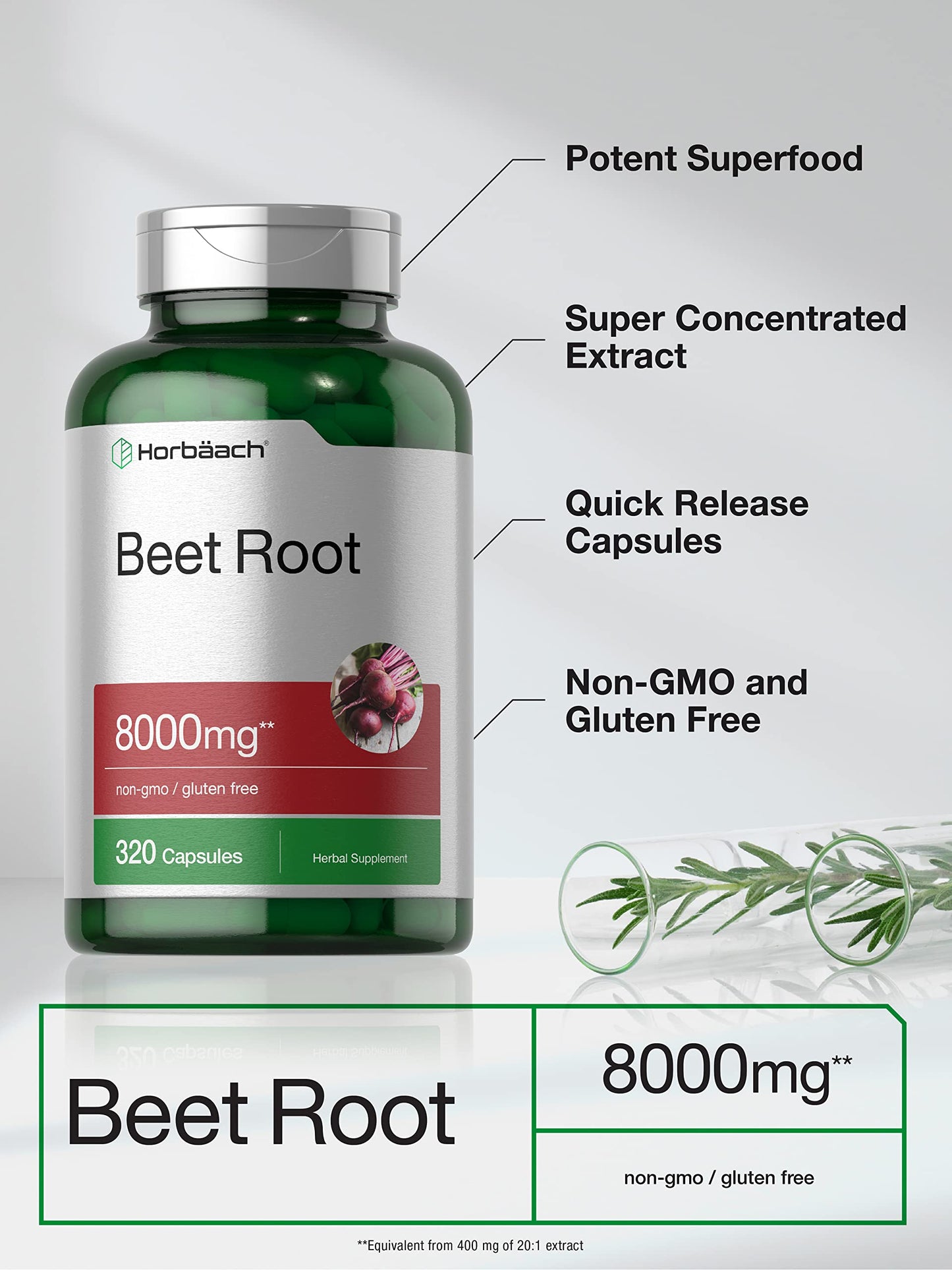 Horbäach Beet Root Powder Capsules 8000mg | 320 Pills | Non-GMO Gluten Free