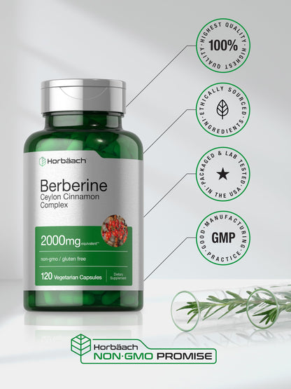 Horbäach Berberine with Ceylon Cinnamon | 2000mg | 120 Veggie Capsules | Vegetarian, Non-GMO & Gluten Free Supplement | Berberine Complex