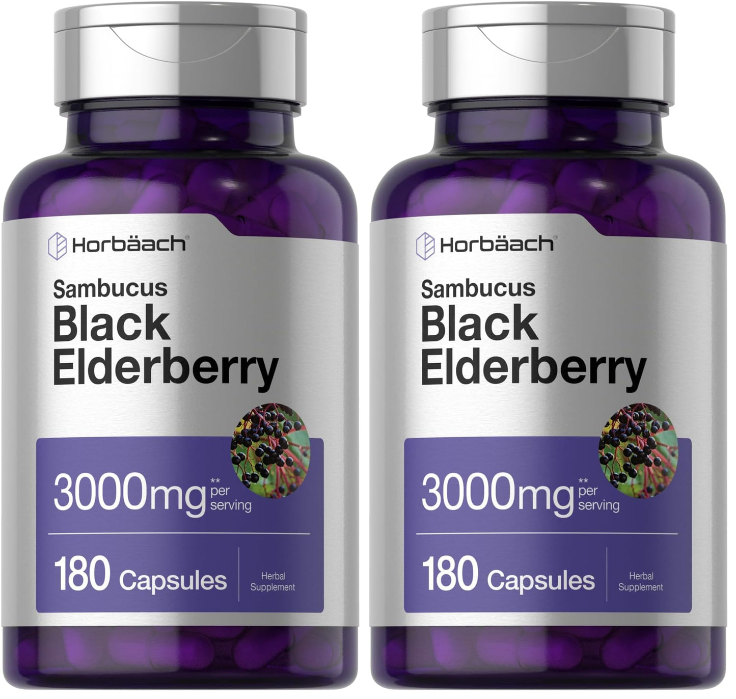 Horbäach Black Elderberry 3000mg Capsules – 180 Count | Non-GMO & Gluten Free