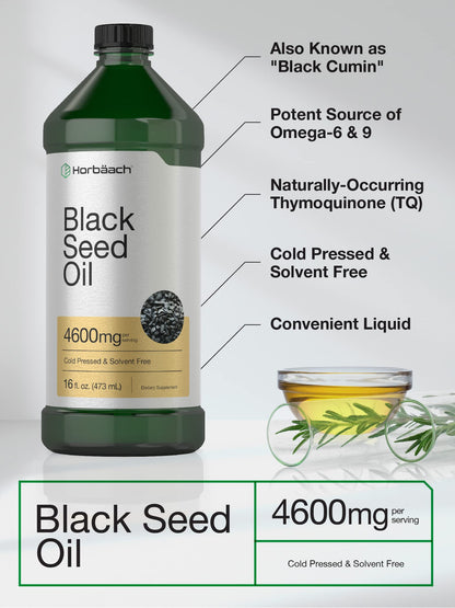 Horbäach Black Seed Oil Liquid 16oz – 4600mg | Cold Pressed Nigella Sativa, Vegetarian & Non-GMO
