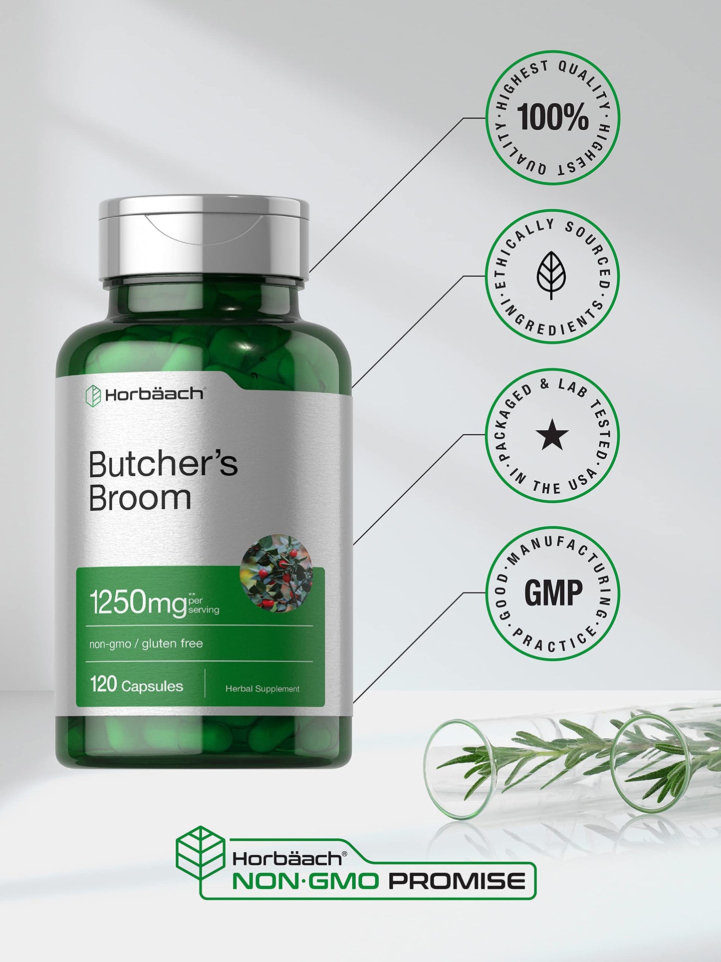 Horbaach Butchers Broom Capsules 1250mg | 120 Count – Non-GMO, Gluten Free