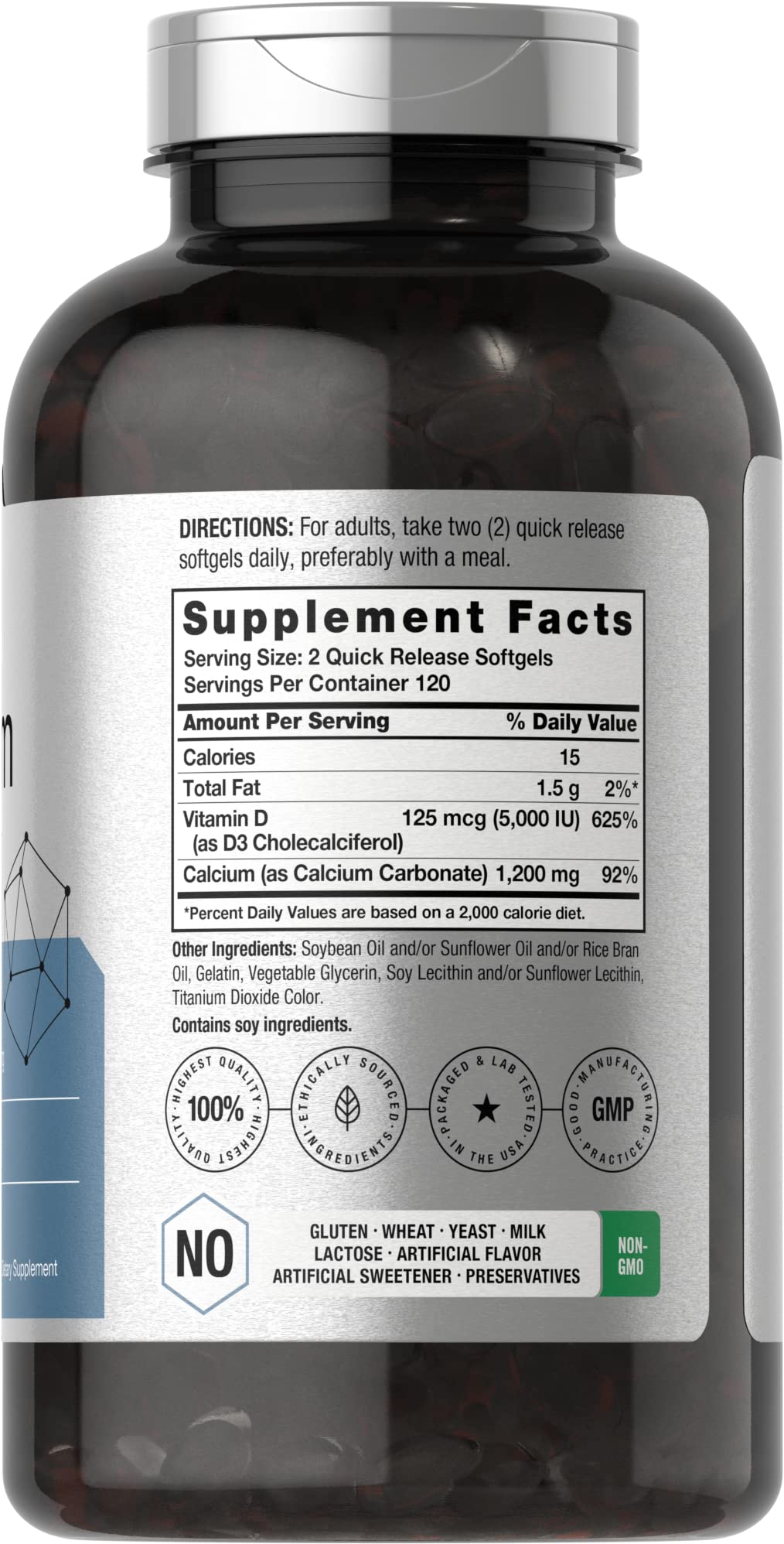 Horbäach Calcium 1200 mg with Vitamin D3 | 240 Softgels | 5000 IU D3 | Non-GMO, Gluten Free