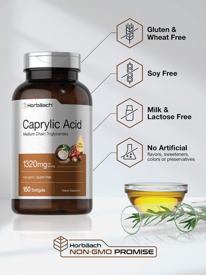 Horbaach Caprylic Acid 1320mg – 150 Softgels | MCT Oil | Non-GMO & Gluten Free