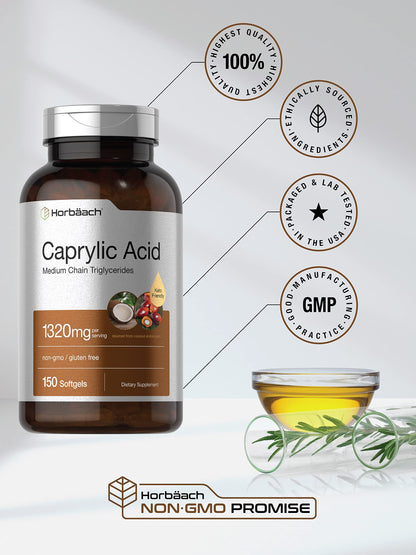 Horbaach Caprylic Acid 1320mg – 150 Softgels | MCT Oil | Non-GMO & Gluten Free