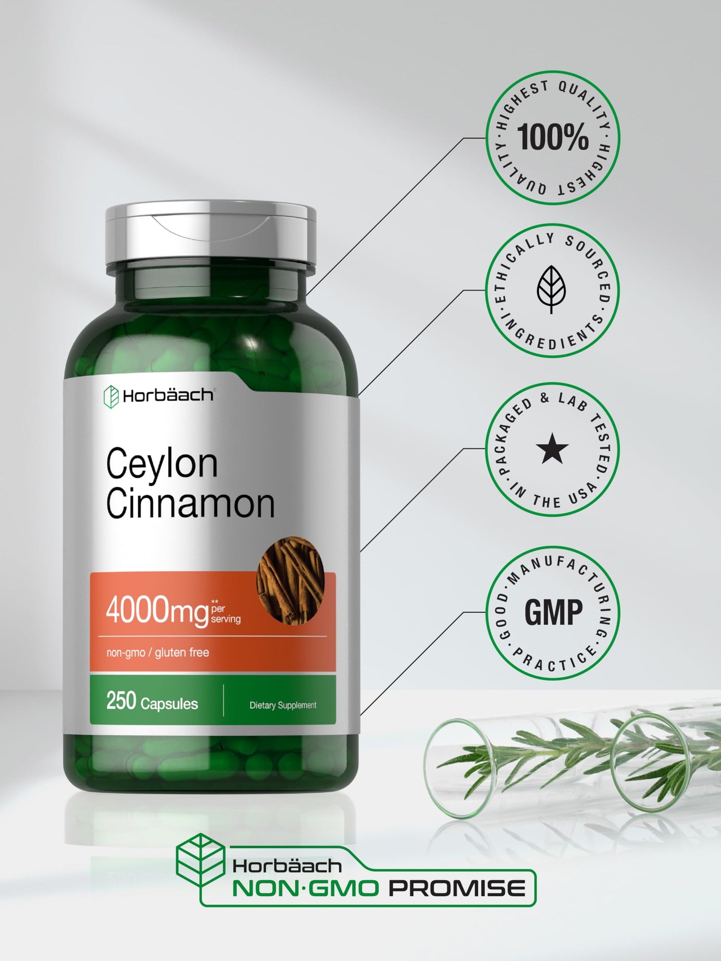 Horbäach Ceylon Cinnamon Capsules 4000mg | 250 Count | Non-GMO, Gluten Free