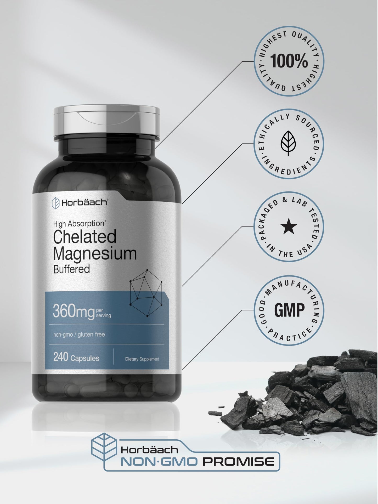 Horbäach Chelated Magnesium 360mg – 240 Capsules | Non-GMO & Gluten Free