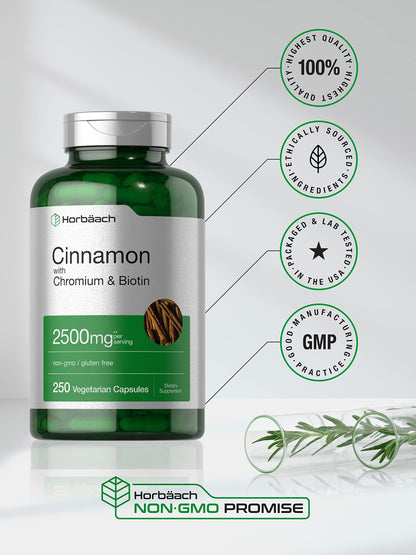 Horbäach Cinnamon with Chromium Picolinate – 2500mg, 250 Capsules, Biotin