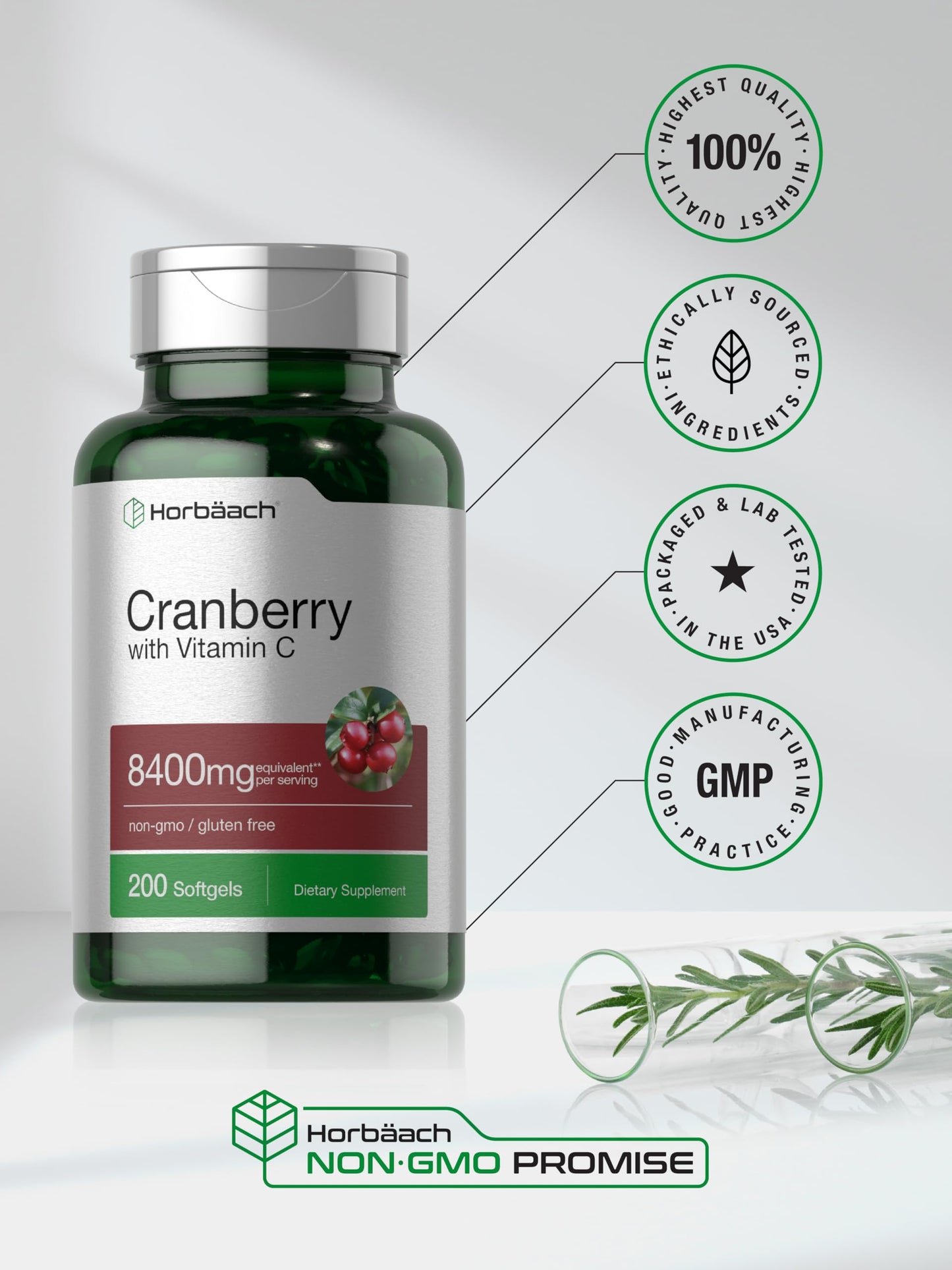 Horbäach Cranberry Pills for Women and Men – 8,400 mg per Serving, 200 Softgels | Vitamin C | Non-GMO, Gluten Free