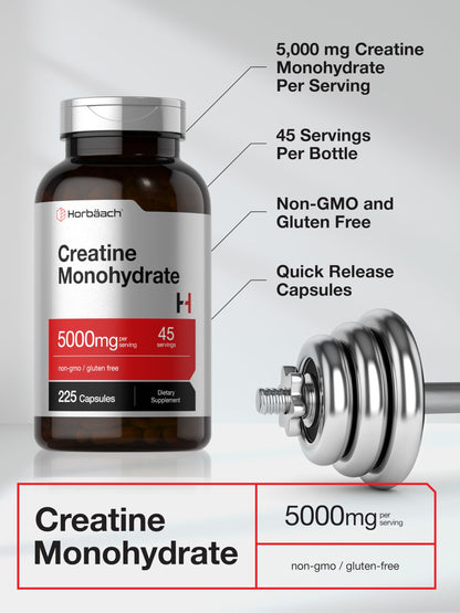 Horbäach Creatine Monohydrate 5g - 225 Capsules | Non-GMO, Gluten Free