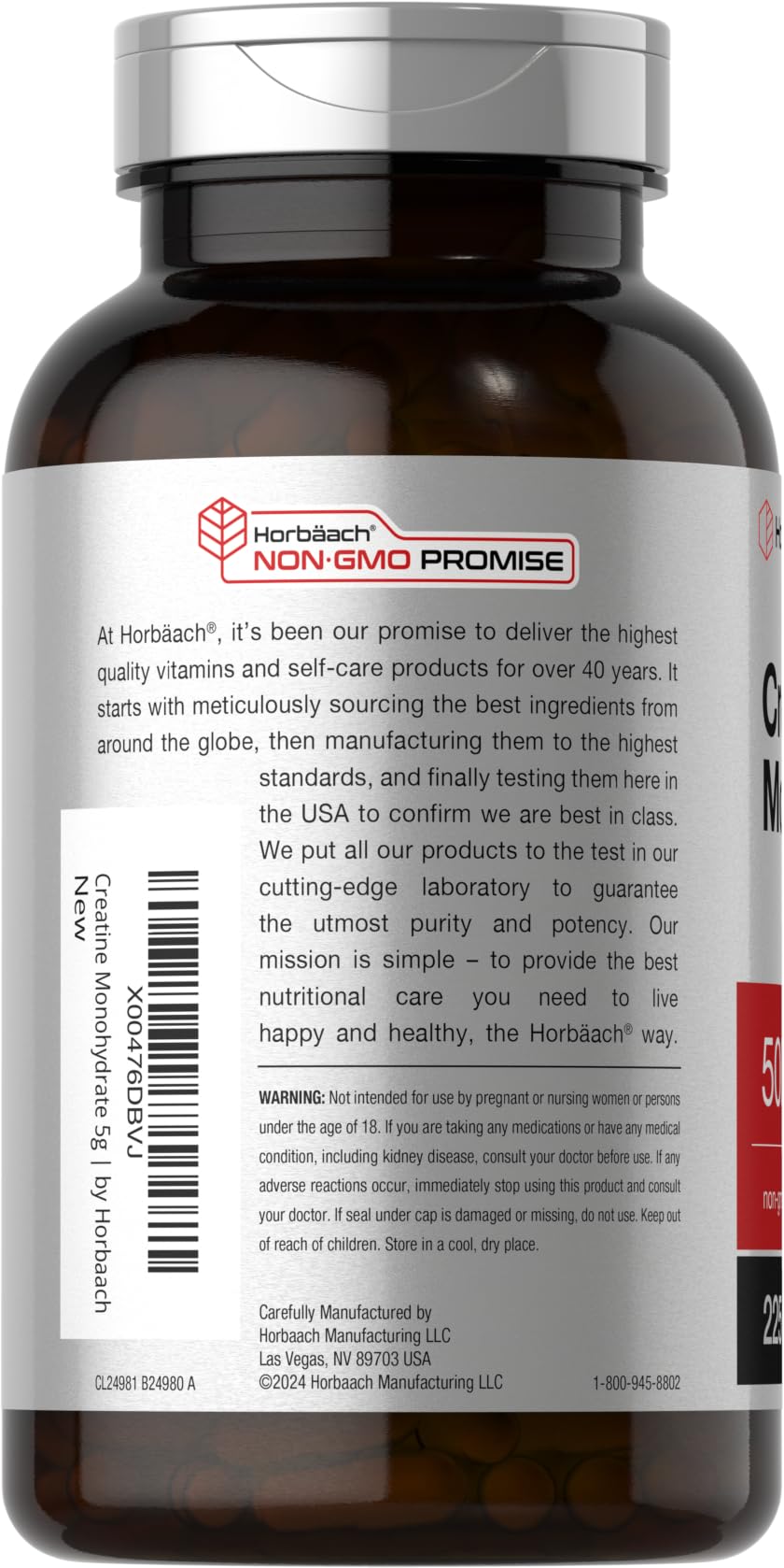 Horbäach Creatine Monohydrate 5g - 225 Capsules | Non-GMO, Gluten Free